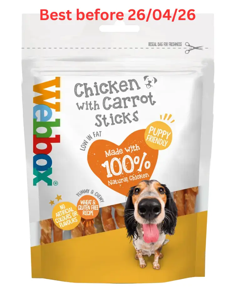 Webbox Chewy Chicken with Carrot Sticks Dog Treats 80g – Short Dated