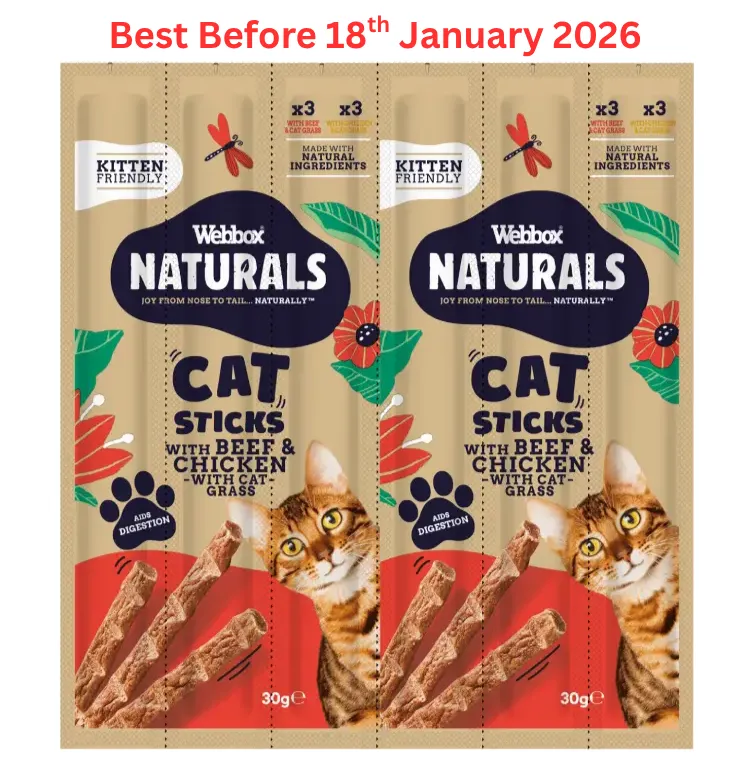 Webbox Naturals Cat Sticks with Beef and Cat Grass & Chicken with Cat Grass – Short Dated