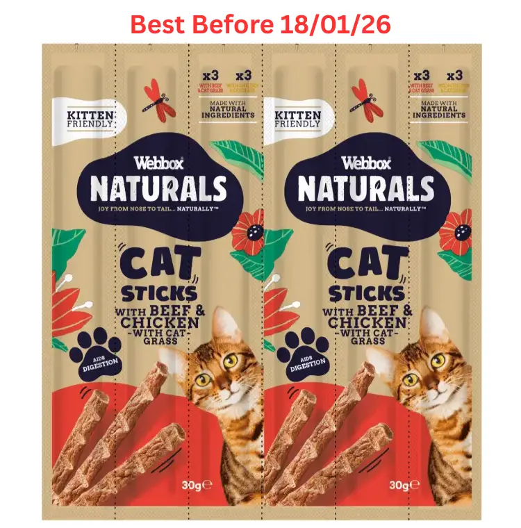 Webbox Naturals Cat Sticks with Beef and Cat Grass & Chicken with Cat Grass – Short Dated
