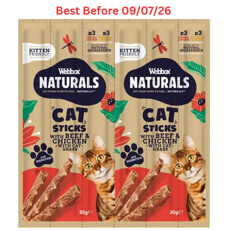 Webbox Naturals Cat Sticks with Beef and Cat Grass & Chicken with Cat Grass – Short Dated