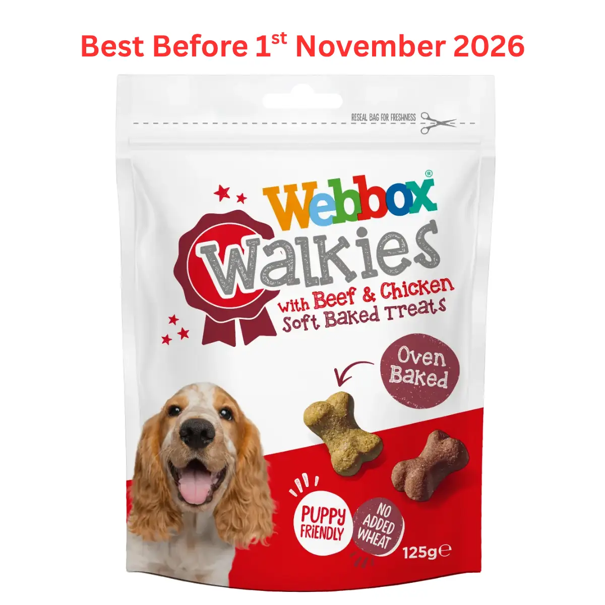 Webbox Walkies Beef & Chicken Baked Dog Treats 125g – Short Dated